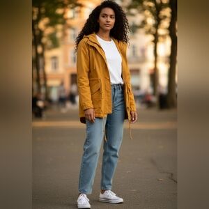 Forever 21 Mustard Yellow Hooded Cargo Jacket, Drawstring Hem, EUC L, Juniors